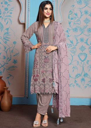 Mauve Pink Embroidered Pant Suit In Georgette