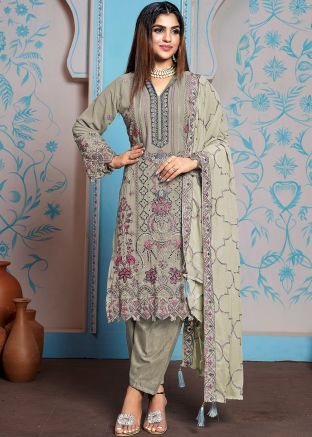 Beige Embroidered Georgette Pant Suit Set