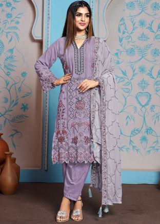 Purple Embroidered Georgette Pant Suit Set