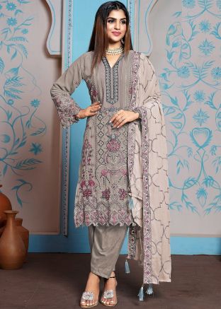 Grey Embroidered Georgette Pant Suit Set