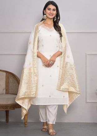 White Zari Woven Salwar Suit In Viscose