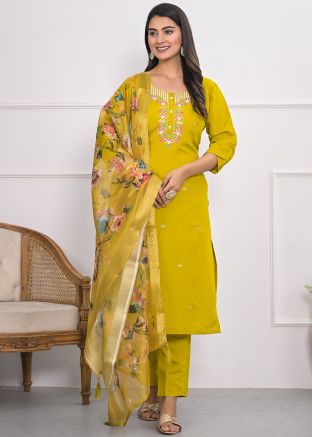 Yellow Embroidered Salwar Suit In Viscose