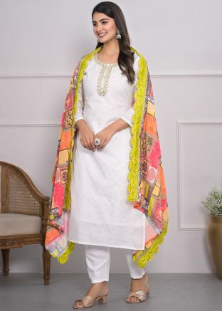 White Embroidered Salwar Suit In Viscose