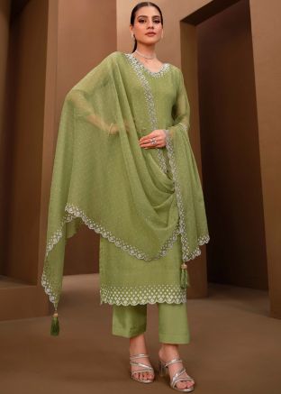 Green Organza Pant Suit In Stone Work