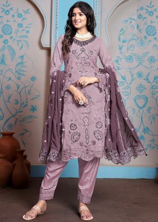 Mauve Pink Embroidered Georgette Pant Suit