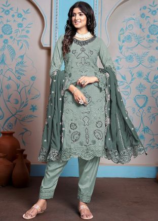 Green Embroidered Pant Suit In In Georgette