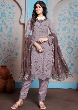 Grey Georgette Pant Suit In Thread Embroidery