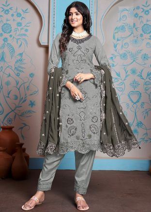 Sage Green Embroidered Georgette Pant Suit Set