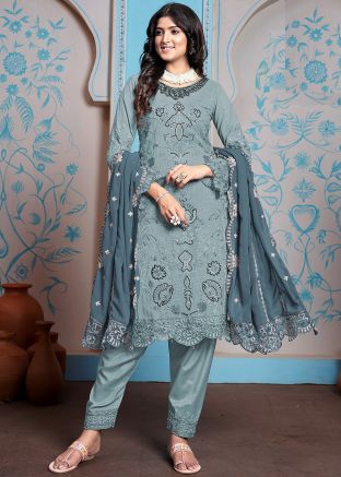 Powder Blue Embroidered Georgette Pant Suit