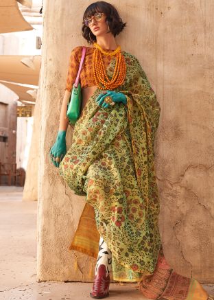 Green Digital Printed Tissue Saree