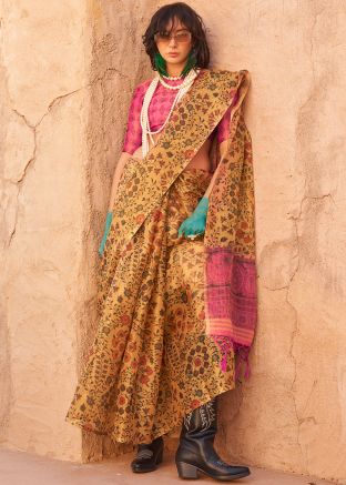 Yellow Tissue Saree In Digital Print