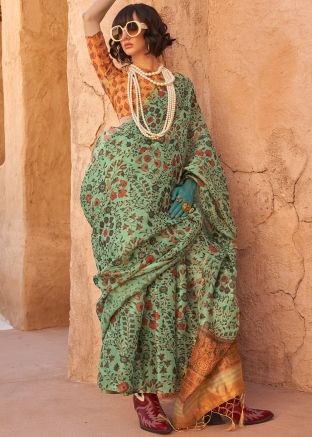 Green Printed Tissue Saree & Blouse