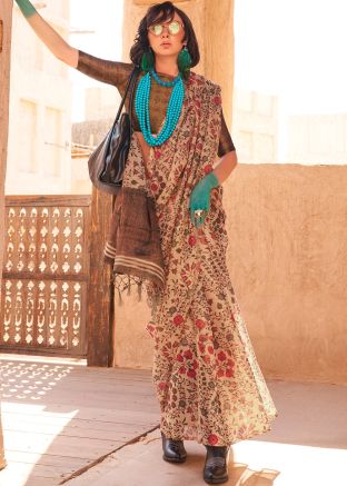 Beige Digital Printed Tissue Saree