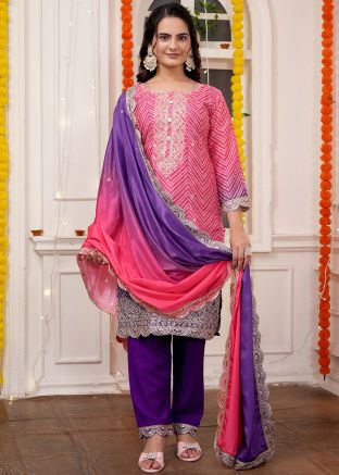 Readymade Shaded Pink & Purple Bandhej Print Pant Suit