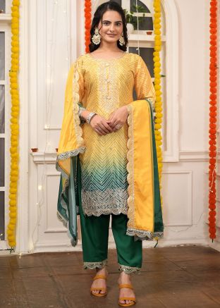 Readymade Shaded Yellow & Green Bandhej Print Pant Suit