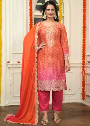 Readymade Shaded Orange & Pink Bandhej Print Pant Suit
