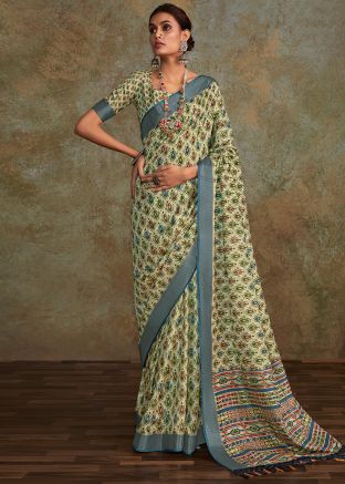 Green Printed Saree In Art Silk
