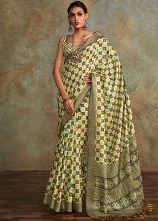 Green Printed Saree In Art Silk