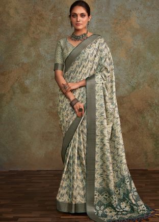 Grey Printed Saree In Art Silk