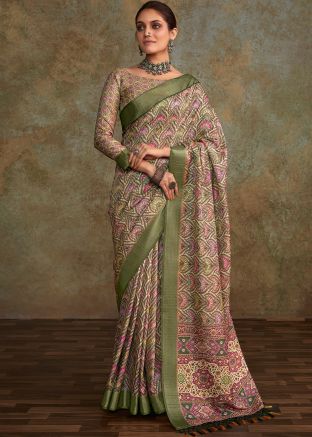 Green Printed Saree In Art Silk