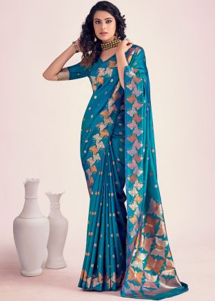 Teal Blue Zari Woven Banarasi Silk Saree