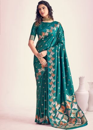 Teal Green Woven Saree In Banarasi Silk