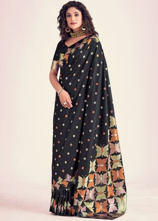 Black Banarasi Silk Saree In Woven Work
