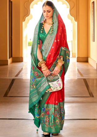 Red Zari Woven Saree In Art Silk