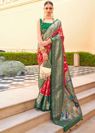 Red Zari Woven Saree In Art Silk