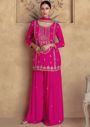 Readymade Pink Mirror Embellished Palazzo Suit Set