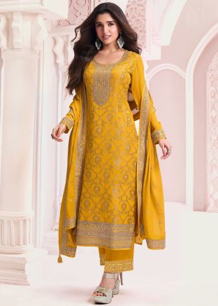 Yellow Embroidered Jacquard Salwar Suit set