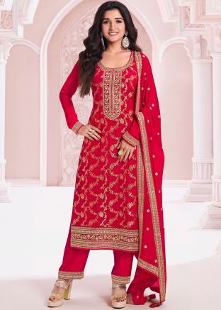 Red Embroidered Salwar Suit Set In Jacquard