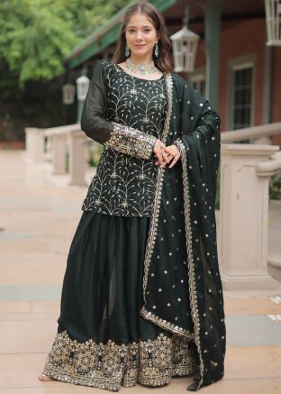 Readymade Green Embroidered Palazzo Suit In Art Silk