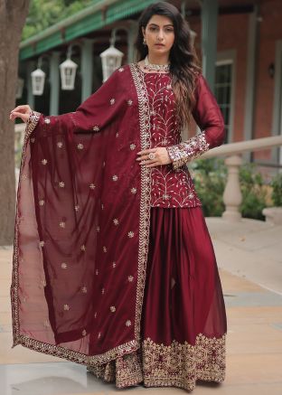 Readymade Maroon Embroidered Art Silk Palazzo Suit