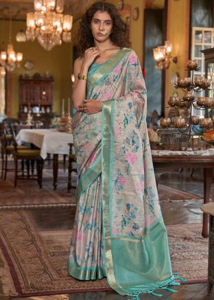 Beige Digital Printed Saree In Art Silk 