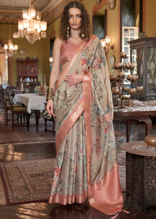 Beige Printed Art Silk Saree & Blouse