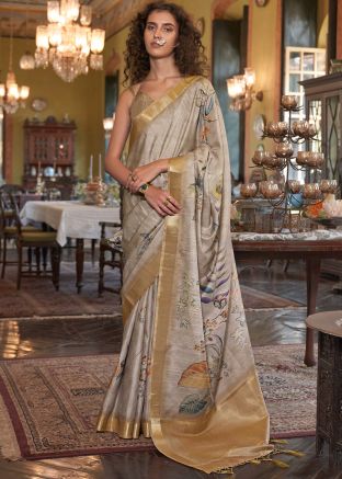 Grey Art Silk Saree In Digital Print