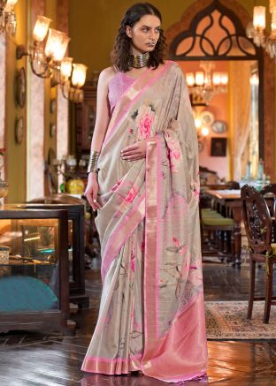 Beige Digital Printed Art Silk Saree 