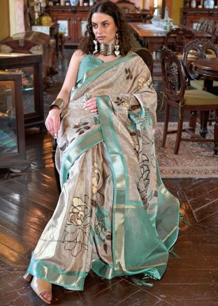 Grey Art Silk Saree In Digital Print