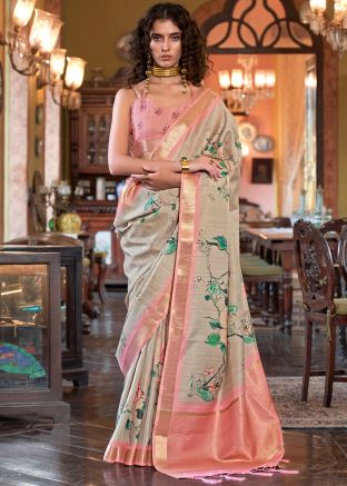 Beige Digital Printed Saree In Art Silk 
