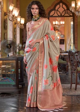 Grey Art Silk Printed Saree & Blouse