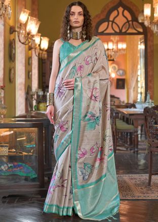 Grey Art Silk Saree In Digital Print