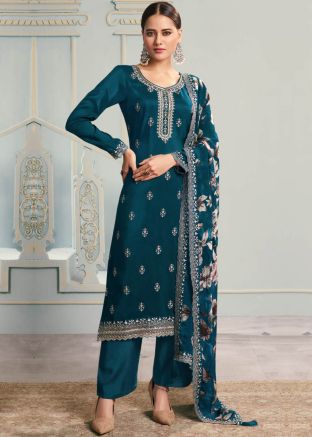 Teal Blue Embroidered Art Silk Pant Suit