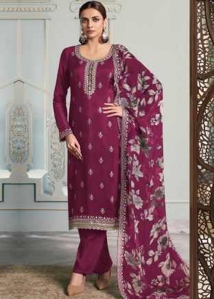 Magenta Embroidered Art Silk Pant Suit