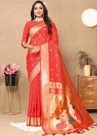 Red Zari Woven Saree In Silk