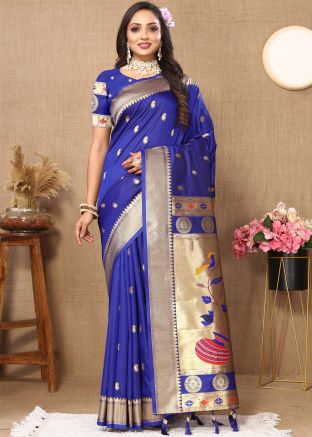 Blue Zari Woven Saree In Silk