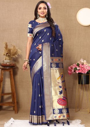 Blue Zari Woven Saree In Silk
