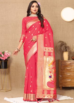 Pink Zari Woven Saree In Silk