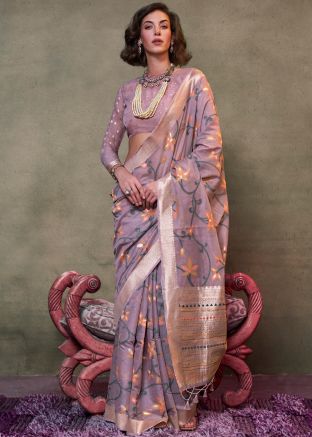 Purple Floral Print Cotton Saree