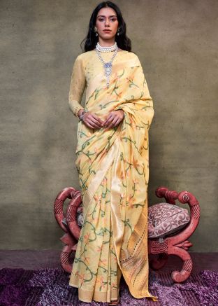 Yellow Cotton Saree In Floral Print